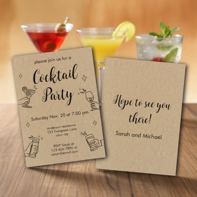 Invitación Fiesta de cóctel simple con papel kraft y garabato (Subido por el creador)