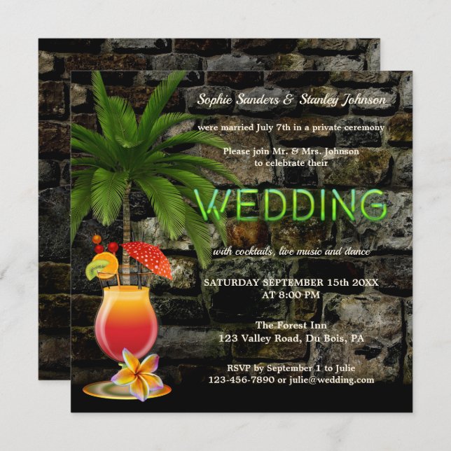 Invitación Fiesta de Cóctel Tropical Neon Después de la Boda (Anverso / Reverso)