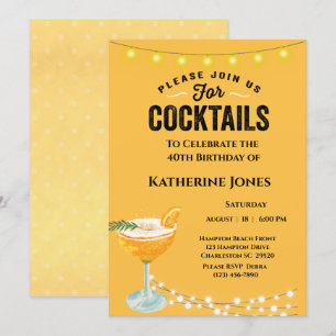 Invitación Fiesta de cócteles Amarillo 40 de Cumpleaños de la