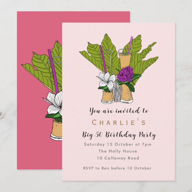 Invitación Fiesta de cócteles de 50 cumpleaños divertido y tr (Anverso / Reverso)