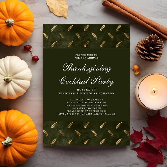 Invitación Fiesta de cócteles de Acción de Gracias de Green G (Green Gold Crop Thanksgiving Cocktail Party Invitation)
