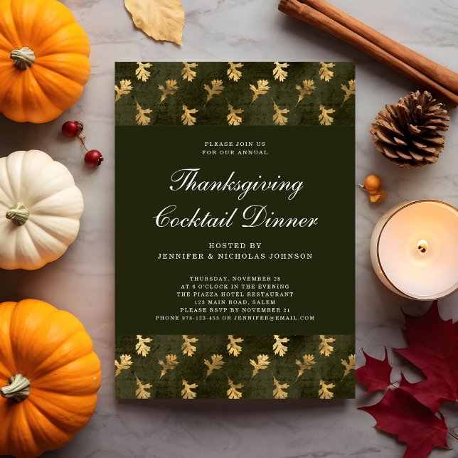 Invitación Fiesta de cócteles de Acción de Gracias de Leaf de (Green Oak Gold Leaf Thanksgiving Cocktail Party Invitation)