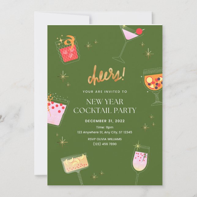 Invitación Fiesta de cócteles de Año Nuevo (Reverso)
