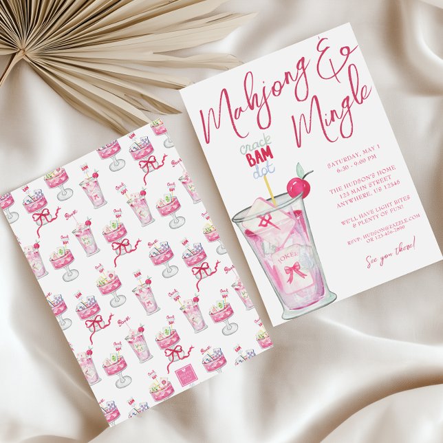 Invitación Fiesta de cócteles de color rosa caliente Mahjong (Subido por el creador)