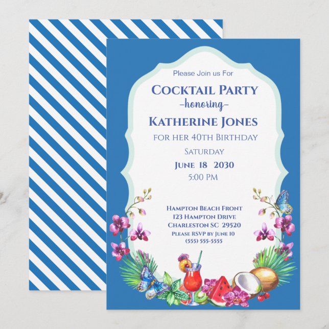Invitación Fiesta de cócteles de cumpleaños de frutas de vera (Anverso / Reverso)