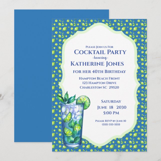 Invitación Fiesta de cócteles de cumpleaños de Lime Blue Moji (Anverso / Reverso)