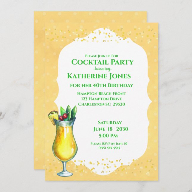 Invitación Fiesta de cócteles de cumpleaños de Pina Colada am (Anverso / Reverso)