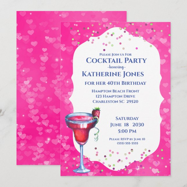 Invitación Fiesta de cócteles de cumpleaños de Pink Hearts Da (Anverso / Reverso)
