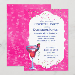 Invitación Fiesta de cócteles de cumpleaños de Pink Hearts Da
