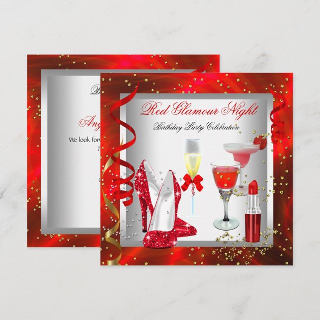 Invitación Fiesta de cócteles de glamour rojo champán (Anverso / Reverso)