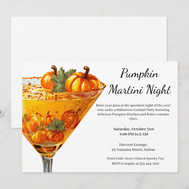 Invitación Fiesta de cócteles de Halloween | Calabaza Martini (Anverso / Reverso)