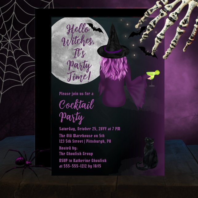 Invitación Fiesta de cócteles de Halloween de Hello Witts ("Hello Witches, It's Party Time!" Halloween Cocktail Party Invitation with Purple Witch)