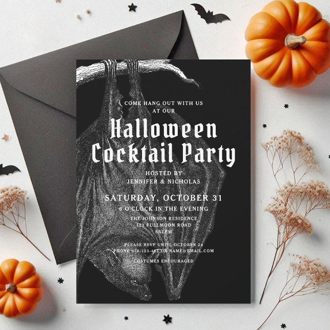 Invitación Fiesta de cócteles de Halloween de murciélagos vin (Gothic Vintage Bats Halloween Cocktail Party Invitation)
