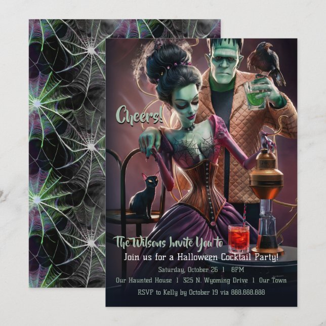 Invitación Fiesta de Cócteles de Halloween, Frankenstein y la (Anverso / Reverso)