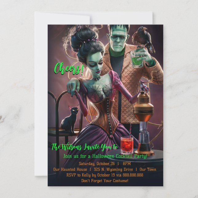 Invitación Fiesta de Cócteles de Halloween, Frankenstein y la (Anverso)