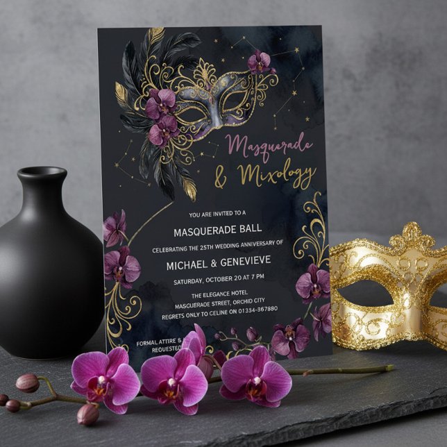 Invitación Fiesta de Cócteles de Halloween Masquerade y Mixol (Masquerade & Mixology, masked cocktail ball invitation by Darling & May (printed or digital))