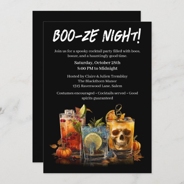 Invitación Fiesta de cócteles de Halloween | Noche Boo-ze (Anverso / Reverso)