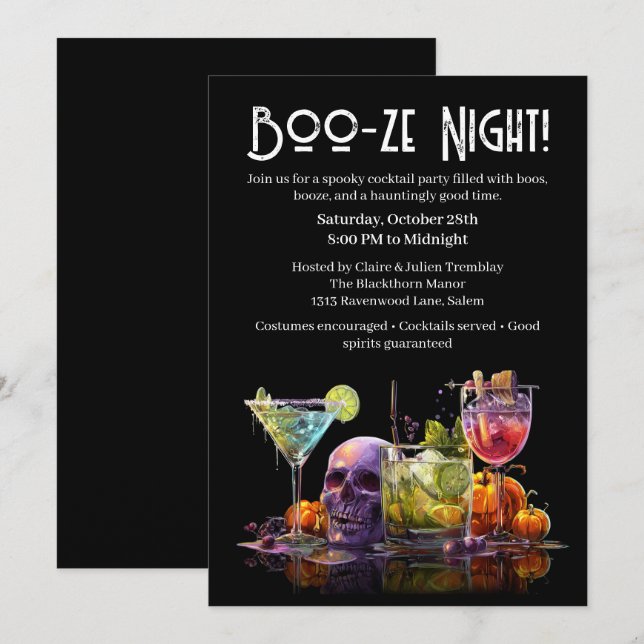 Invitación Fiesta de cócteles de Halloween | Noche Boo-ze (Anverso / Reverso)