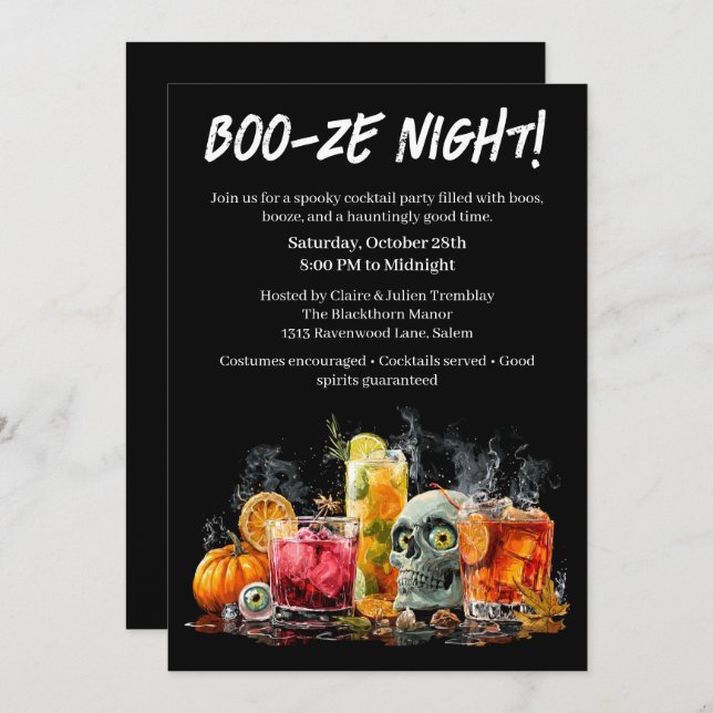 Invitación Fiesta de cócteles de Halloween | Noche Boo-ze (Anverso / Reverso)