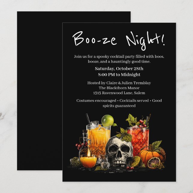 Invitación Fiesta de cócteles de Halloween | Noche Boo-ze (Anverso / Reverso)