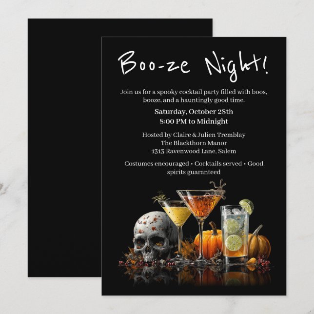 Invitación Fiesta de cócteles de Halloween | Noche Boo-ze (Anverso / Reverso)