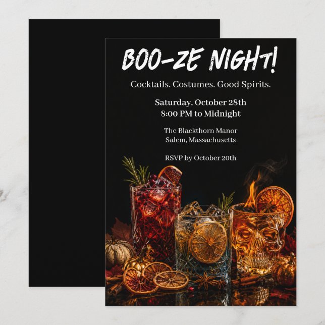 Invitación Fiesta de Cócteles de Halloween | Noche de Boo-ze (Anverso / Reverso)