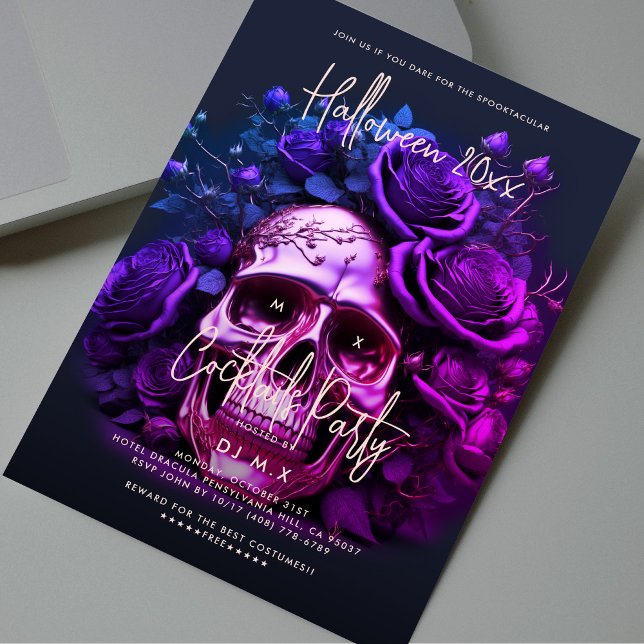 Invitación Fiesta de cócteles de Halloween para adultos Cráne (Adult Halloween Cocktails Party Purple Blue Skull Invitation
)
