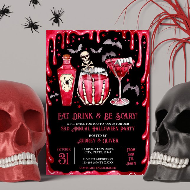 Invitación Fiesta de cócteles de Halloween Vampiro Rojo y San (Halloween Cocktail Party Red Vampire and Blood Invitation)