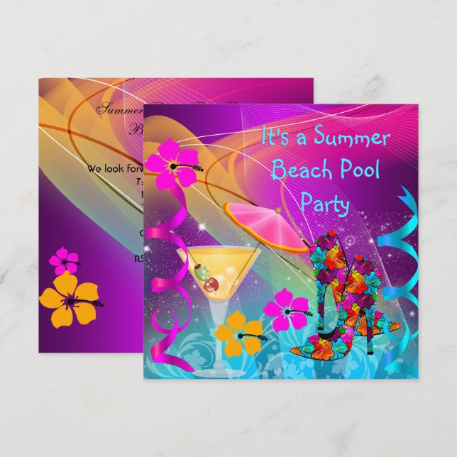 Invitación Fiesta de cócteles de la piscina Verde azulada ros (Anverso / Reverso)