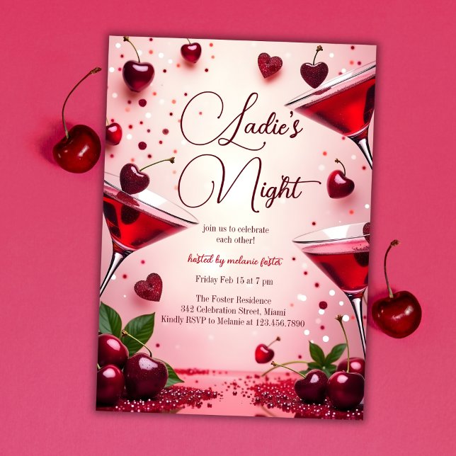 Invitación Fiesta de cócteles de Ladies Night Cherry Galentin (Elegant Ladies’ Night Galentine’s Day Party Invitation – Cherry & Cocktail Theme)