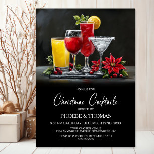 Invitación Fiesta de cócteles de Navidad con poinsettia