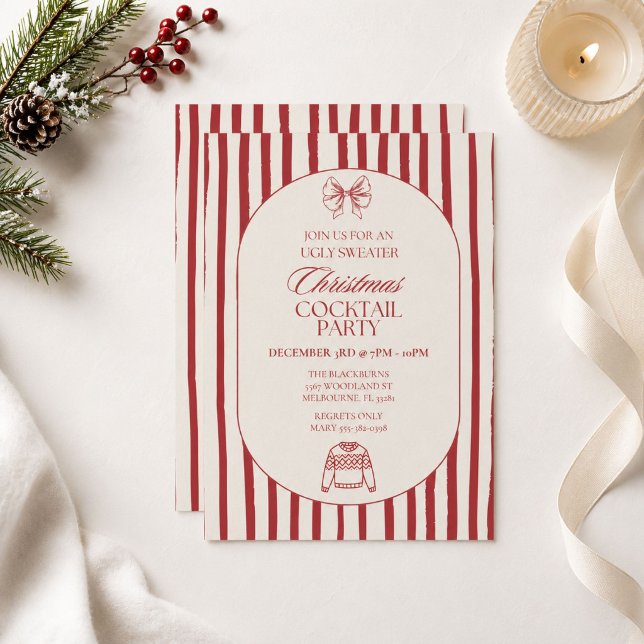 Invitación Fiesta de cócteles de Navidad con suéter feo elega (Elegant Ugly Sweater Christmas Cocktail Party Invitation)