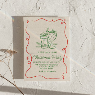 Invitación Fiesta de cócteles de Navidades rojos verdes dibuj