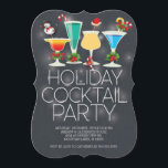 Invitación Fiesta de cócteles de vacaciones de Chalkboard mod<br><div class="desc">Invitación a la fiesta Die-Cut Holiday con pizarra de tiza negra contemporánea con cócteles de navidad adornados con un muñeco de nieve,  caña de caramelo,  sombrero de santa y salsa verde con bayas rojas.</div>