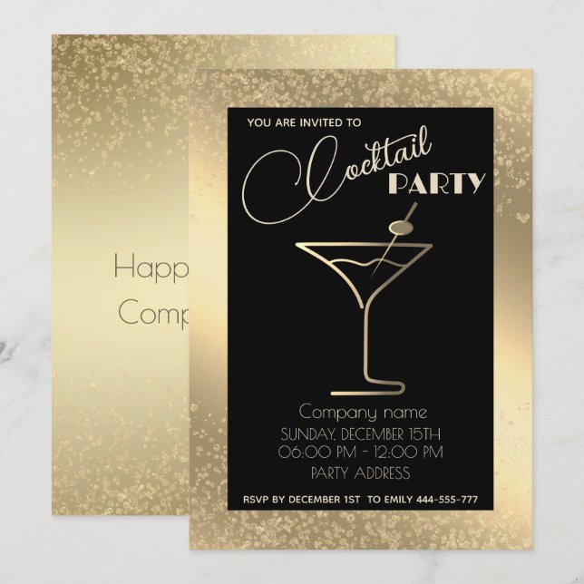 Invitación Fiesta de cócteles de vacaciones de lujo dorado (Anverso / Reverso)