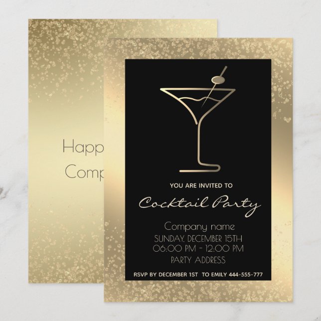 Invitación Fiesta de cócteles de vacaciones de lujo dorado (Anverso / Reverso)