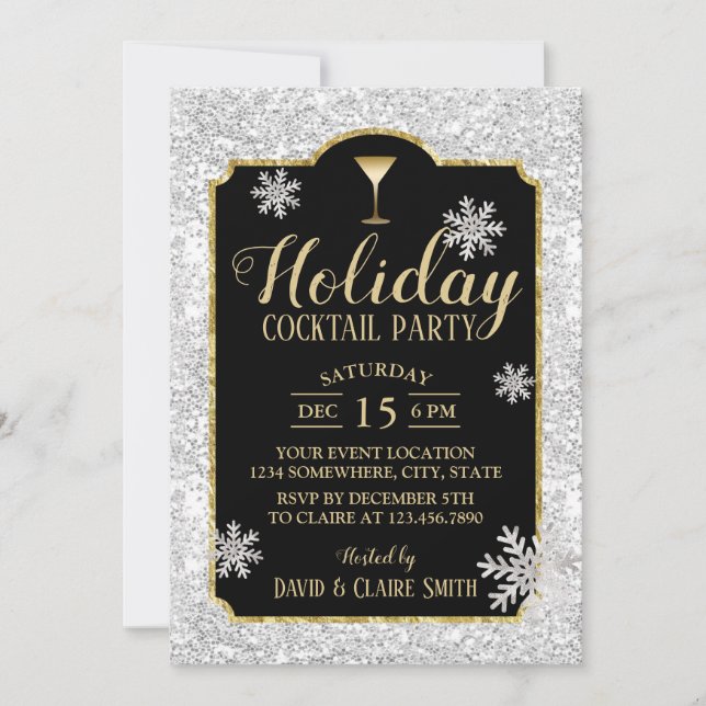 Invitación Fiesta de cócteles de vacaciones Snowflakes Plata  (Anverso)