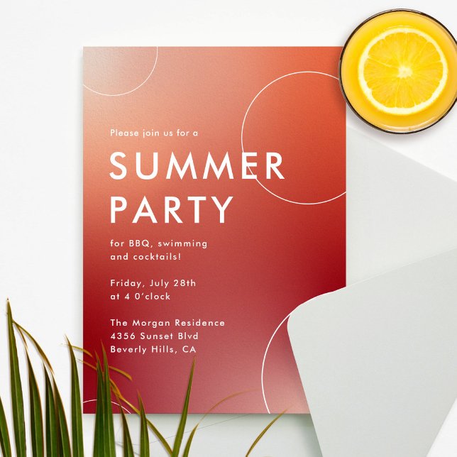 Invitación Fiesta de cócteles de verano simple y moderno (roj (A modern and simple summer party invitation for adults in an orange and red gradient.)