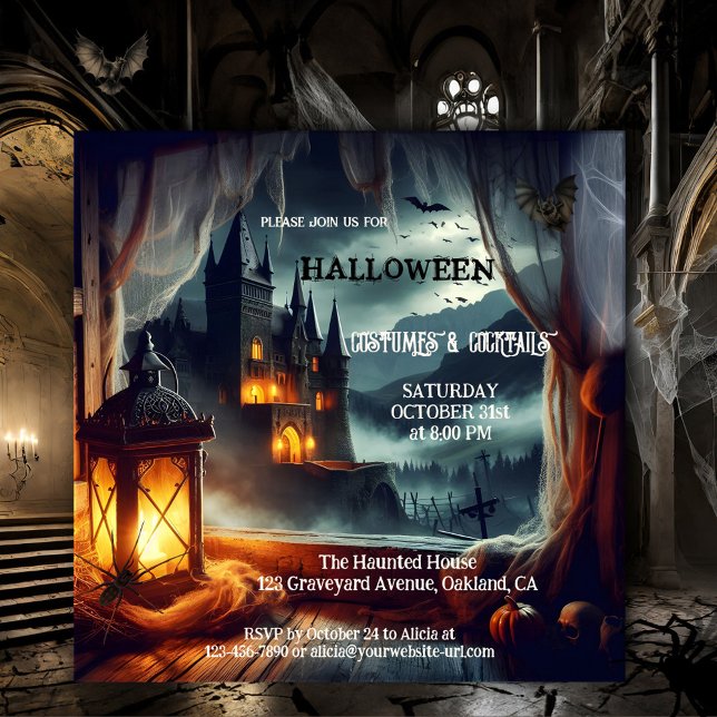 Invitación Fiesta de cócteles del castillo de disfraces de Ha (Adult Halloween costume and cocktail invitation featuring a night scene with lantern and dark castle)