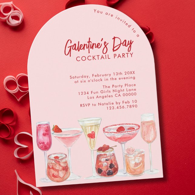 Invitación Fiesta de cócteles del día de Galentine rosa y roj (Subido por el creador)