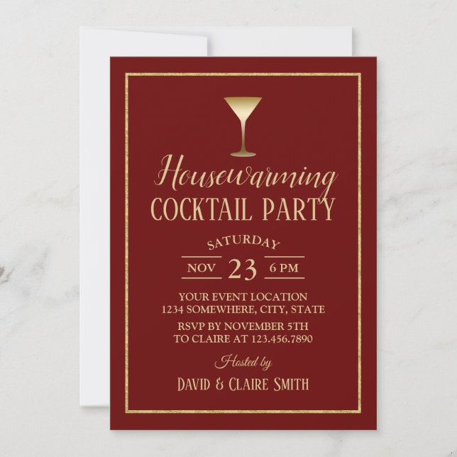 Invitación Fiesta de cócteles elegante Burgundy Gold (Anverso)
