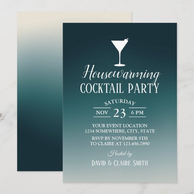 Invitación Fiesta de cócteles elegante Verde azulado Ombre (Anverso / Reverso)