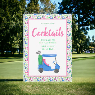 Invitación Fiesta de Cócteles en Carrito de Golf Azul Preppy 