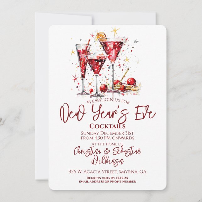 Invitación Fiesta de cócteles en Nochevieja (Anverso)