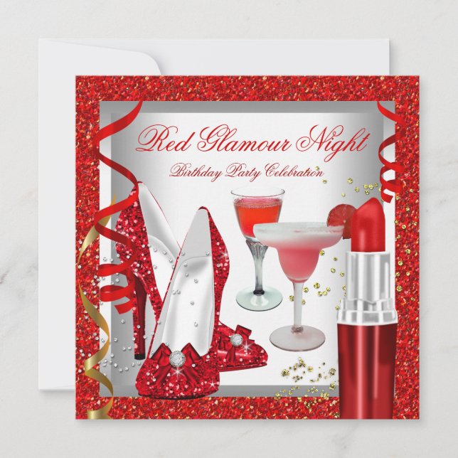 Invitación Fiesta de cócteles Glitter Red Glamour Night (Anverso)
