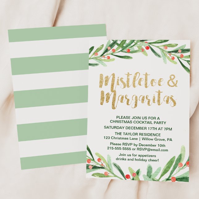 Invitación Fiesta de cócteles Holly Wreath Mistletoe y Margar (Subido por el creador)