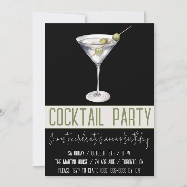 Invitación Fiesta de cócteles, Martini, bebidas, fiesta de cu (Anverso)