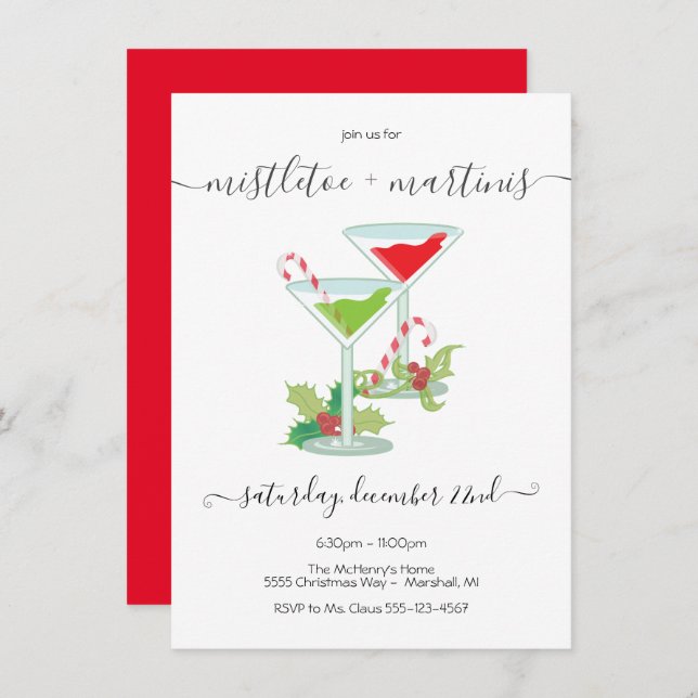 Invitación Fiesta de cócteles Mistletoe y Martinis Holiday (Anverso / Reverso)