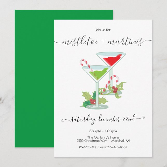 Invitación Fiesta de cócteles Mistletoe y Martinis Holiday (Anverso / Reverso)