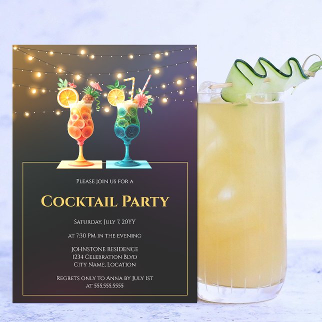 Invitación Fiesta de cócteles moderno (Modern cocktail party invitation front view.)